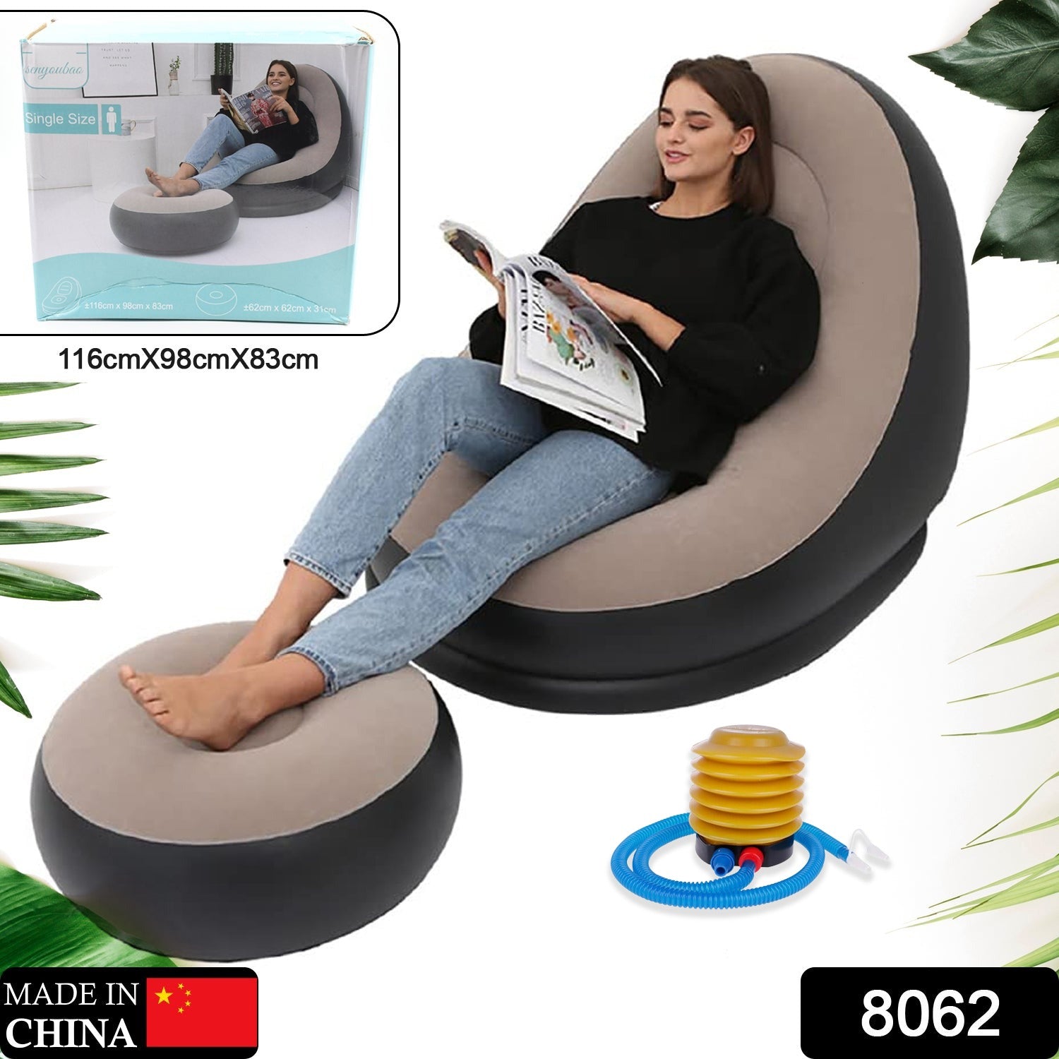 8062 Inflatable Sofa Lounge Chair Ottoman Blow Up Chaise Lounge Air Sofa Indoor Flocking Leisure Couch For Home Office Rest Inflated Recliners Portable Deck Chair For Outdoor Travel Camping Picnic.
